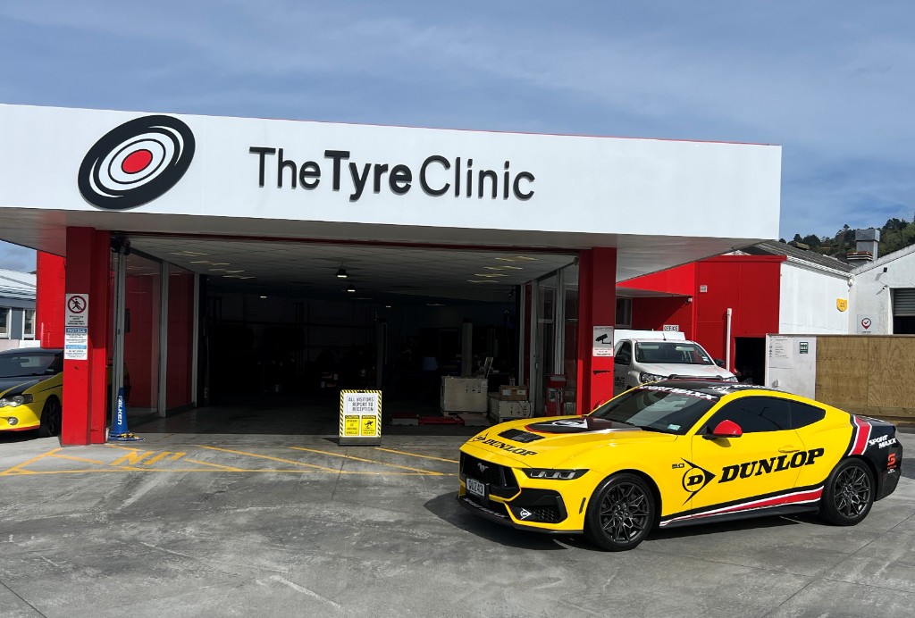 The Tyre Clinic Lower Hutt storefront with branded Dunlop Mustang