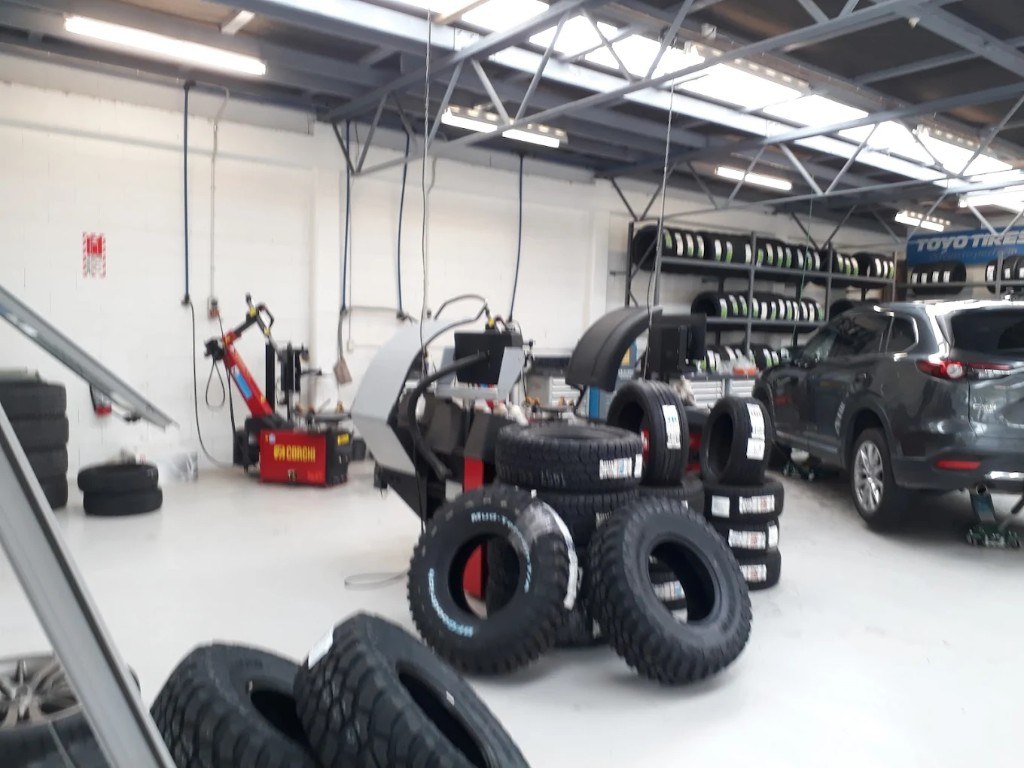 Workshop and tyre racks at The Tyre Clinic Porirua